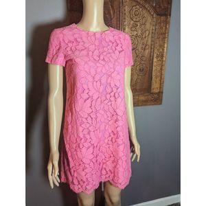 CeCe 60's Retro Pink Lace Crochet Floral Short Sleeve Mini Mod Shift Dress Size